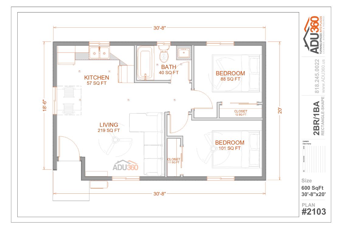 #2103 – 2BR/1BA – 600 sqft