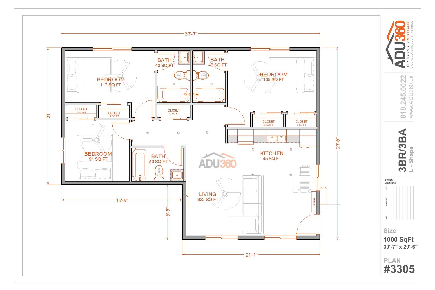#3305 – 3BR/3BA – 1000 sqft